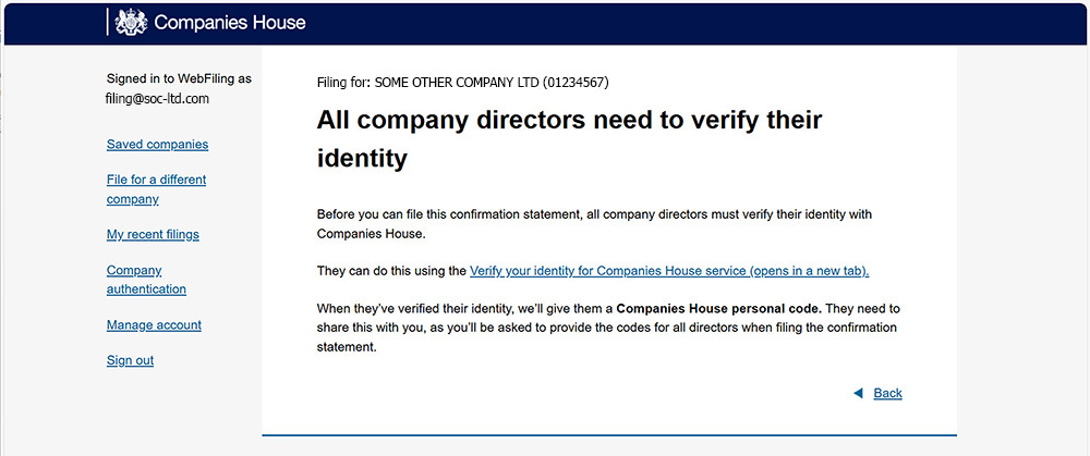 Page 2 of the new online confirmation statement in preparation for updating a director's Companies House Personal Code
