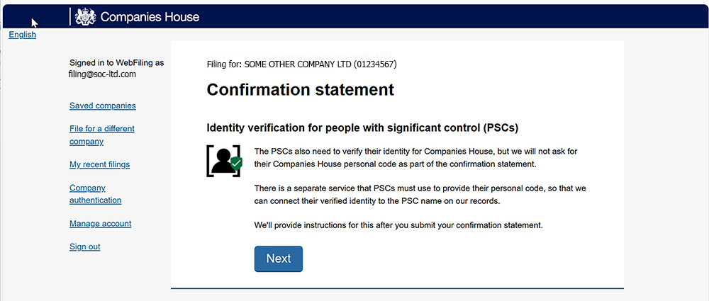 Page 3 of the new online confirmation statement in preparation for updating a director's Companies House Personal Code