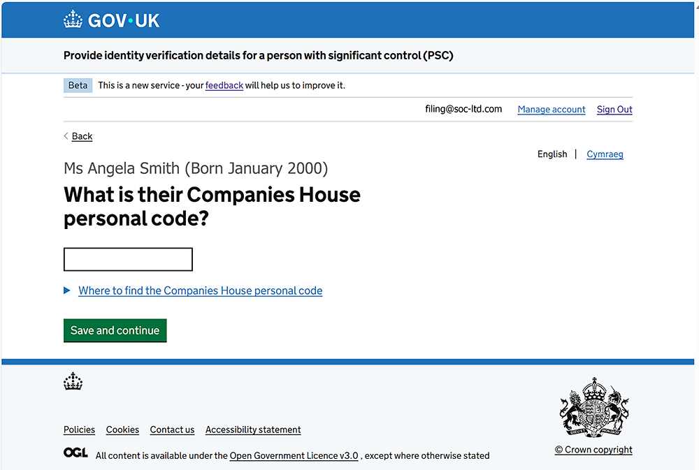 Entering the companies house personal code against the selected PSC as part of the ID-verification process