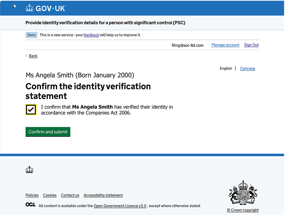 confirming you have entered the correct companies house personal code for the selected PSC